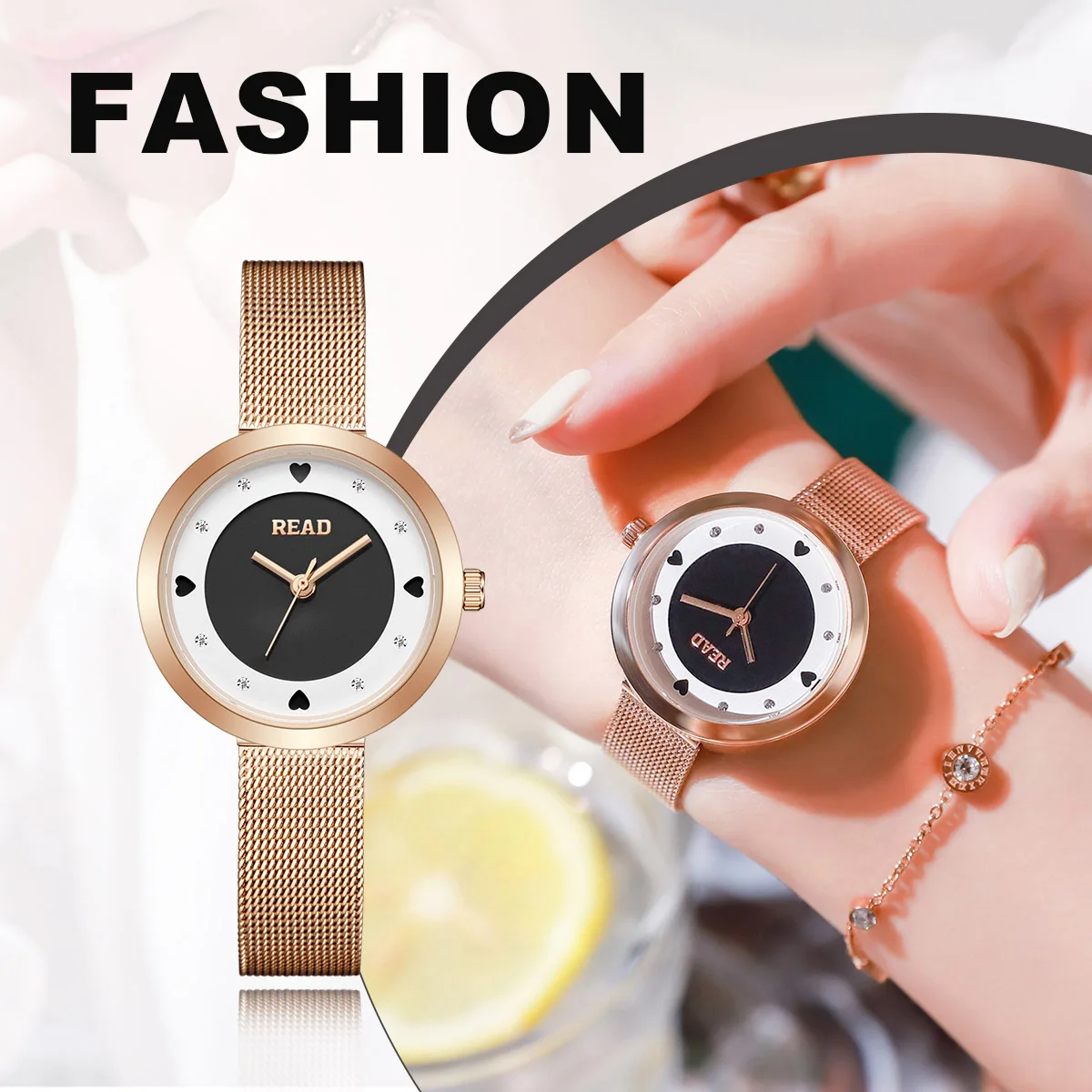 READ Women Quartz Watch | Black Bicolor Heart Dial | Rose Gold Mesh Band | 30M Water Resistant Folding Clasp Watch