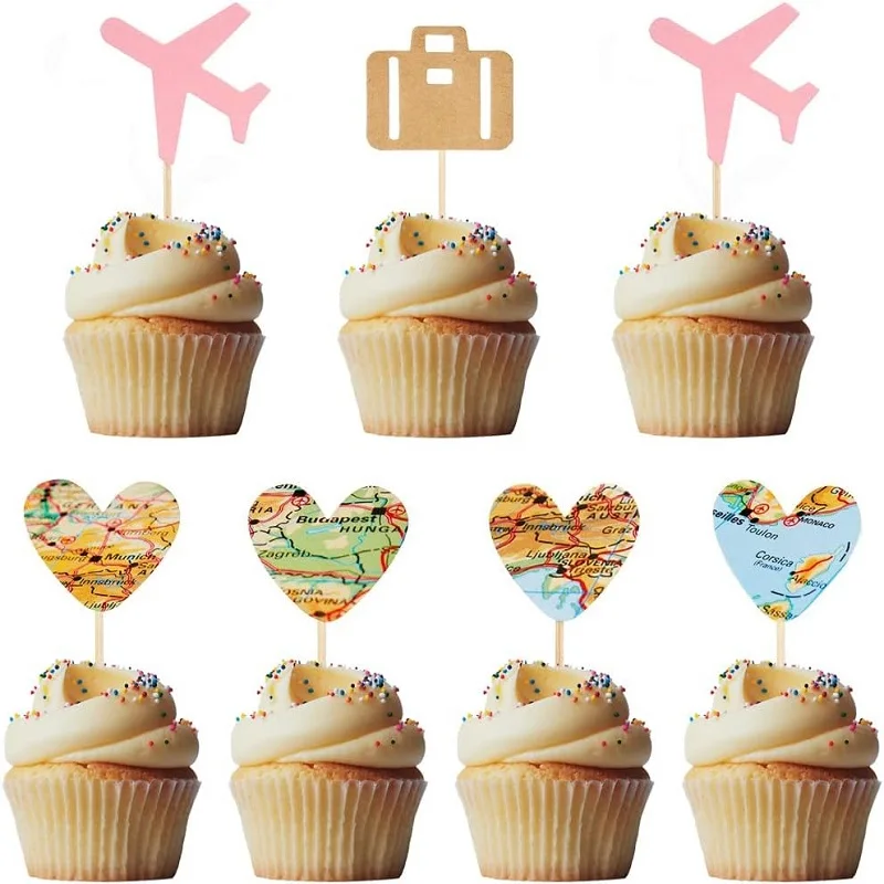 Reise-Cupcake-Topper, Flugzeugkarte, Herz, Reise-Kuchenaufsatz, Picks für Weltreisen, Mottoparty, Geburtstag, Babyparty, Hochzeit – Detail 4