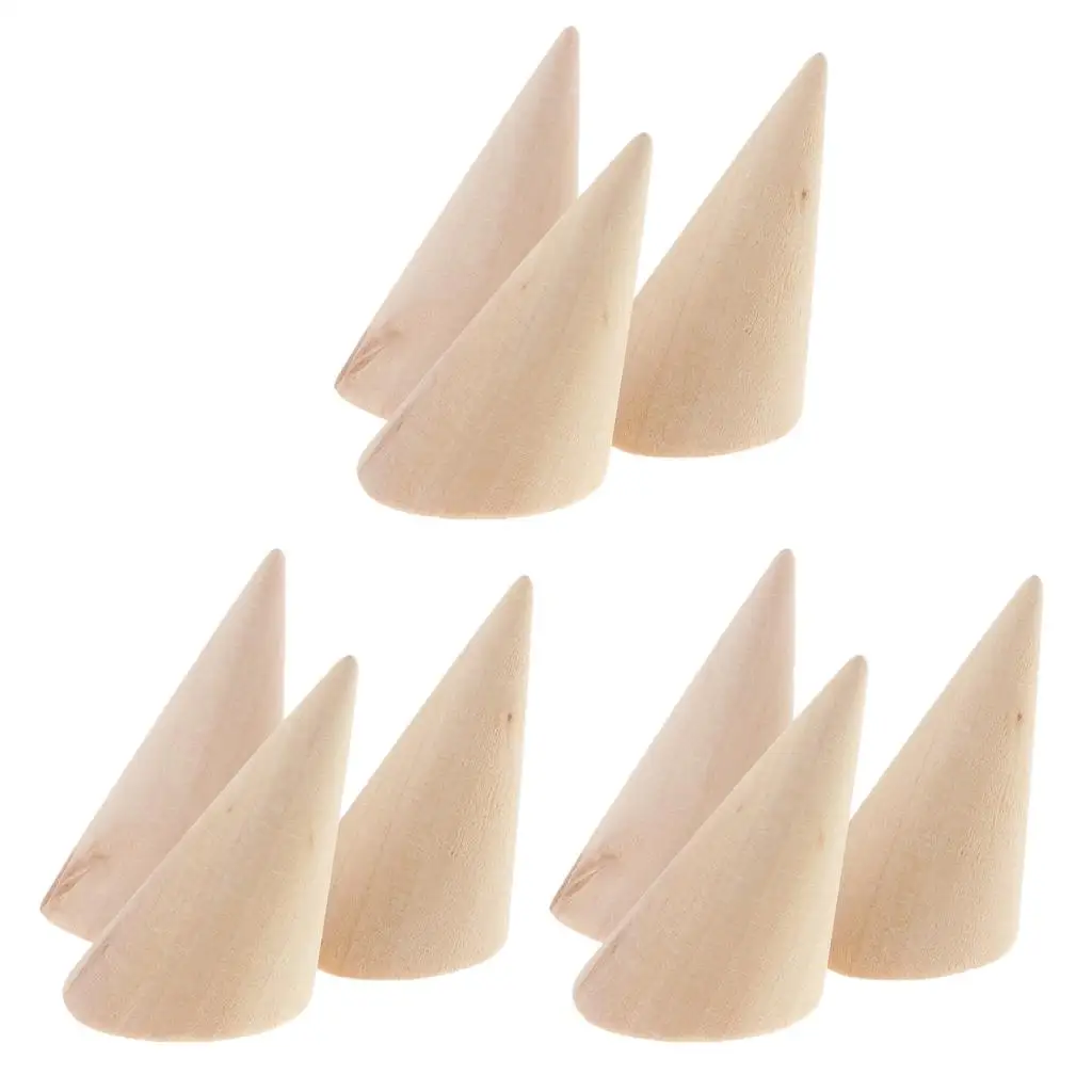 Unpainted Natural Cone Madeira Jóias Display Rack, Jóias Titular, 9pcs