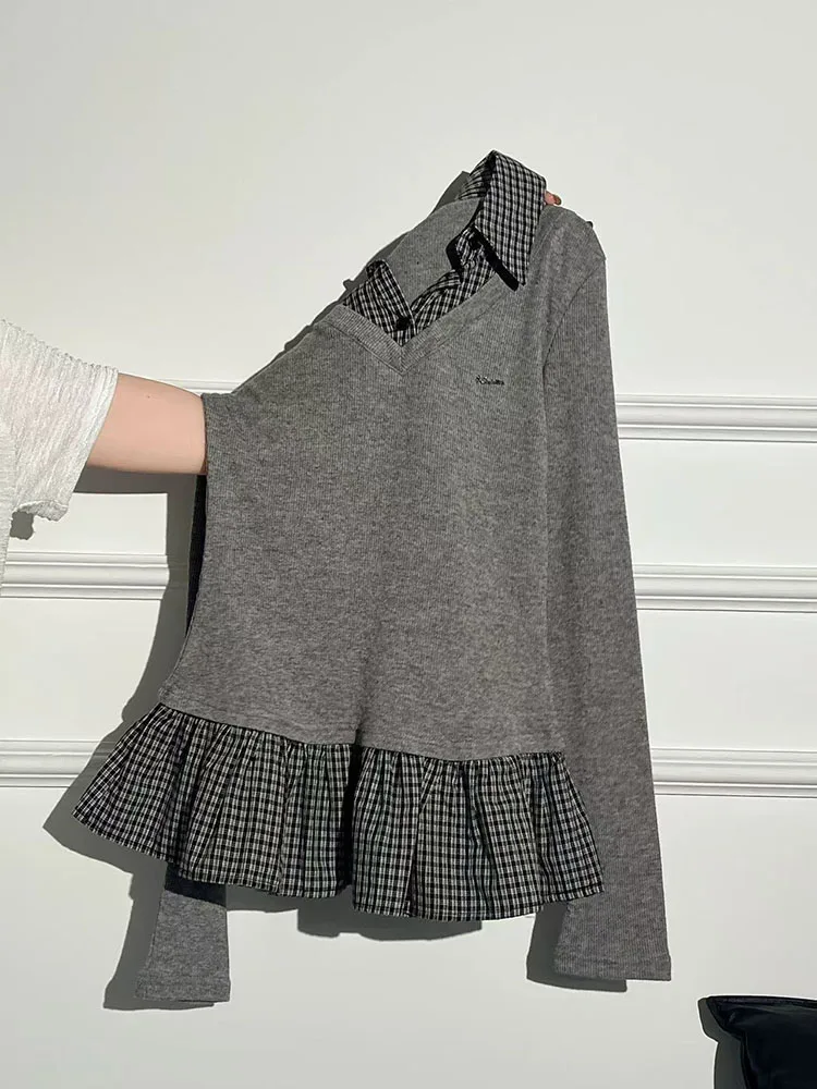 Plaid Patchwork T Shirt for Women Autumn Slim Lapel Color Block Casual Tees Japanese Harajuku Preppy Long Sleeve Splicing Tees