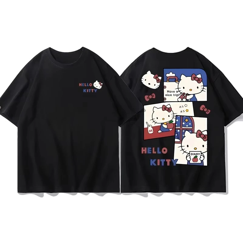 

HelloKitty Anime Short-sleeved T-shirt for Men and Women Sanrio Hello Kitty Joint Summer Clothes Couple Pure Cotton Short Sleeve