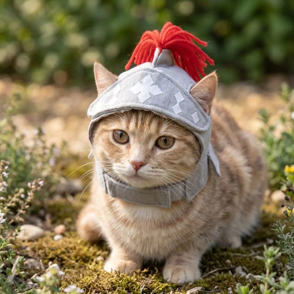 Soft Fabric Cat Samurai Helmet Hat Adjustable Strap Red Tassel Pet Warrior Costume Hat Breathable Novelty Pet Dress Up Hat