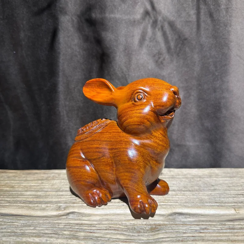 Rosewood Carved Peace and Joy Ornament Ebony Solid Wood Zodiac Rabbit Home Living Room Decoration Gift