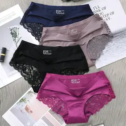 Sexy Lace Briefs For Women Mid Waist Stretchy Breathable Sleamless Ice Silk Intimates Panties Lingerie Female Underwear 5PCS/Set