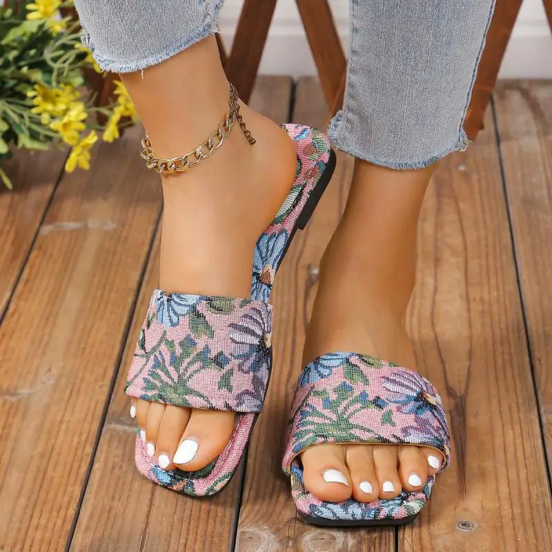 Colourful Floral Print Fashion Slippers Women's Soft Sole Slip On Summer Sandals Outdoor Large Size Square Toe Zapatos De Mujer