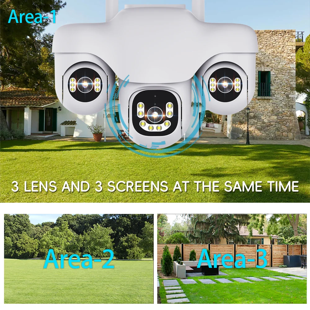 V380 Pro 15MP WIFI IP Camera CCTV 3 Lens 3 Screen Auto Tracking Outdoor Security Surveillance PTZ Camera Waterproof Night Vision
