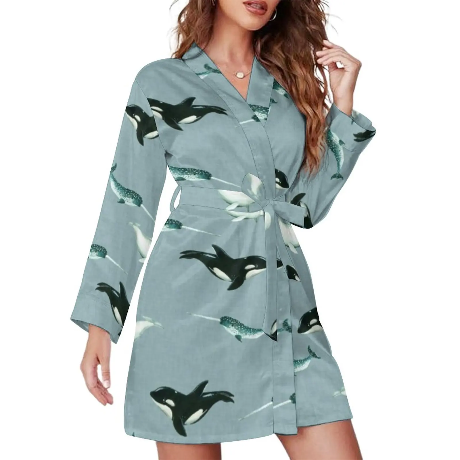 Arctic Animal Print Pajama Robe V Neck Whales And Bear Sleepwear Female Long-Sleeve Romantic Pajamas Robes Spring Home Dress