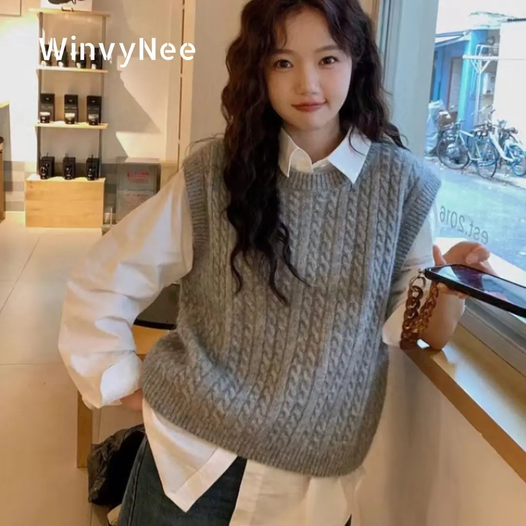 

WinvyNee Women's Wool Vests O Neck Clothing Casual Warm Solid Twist Outerwears Coats Lady Tops Knitted Sweaters Autumn C1113017