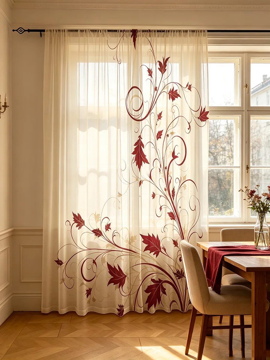 2PCS Digital Print Sheer Curtains, Red Maple Vine Pattern, Autumn Drapes for Kitchen Cafe Living Room Bridal Suite Decor