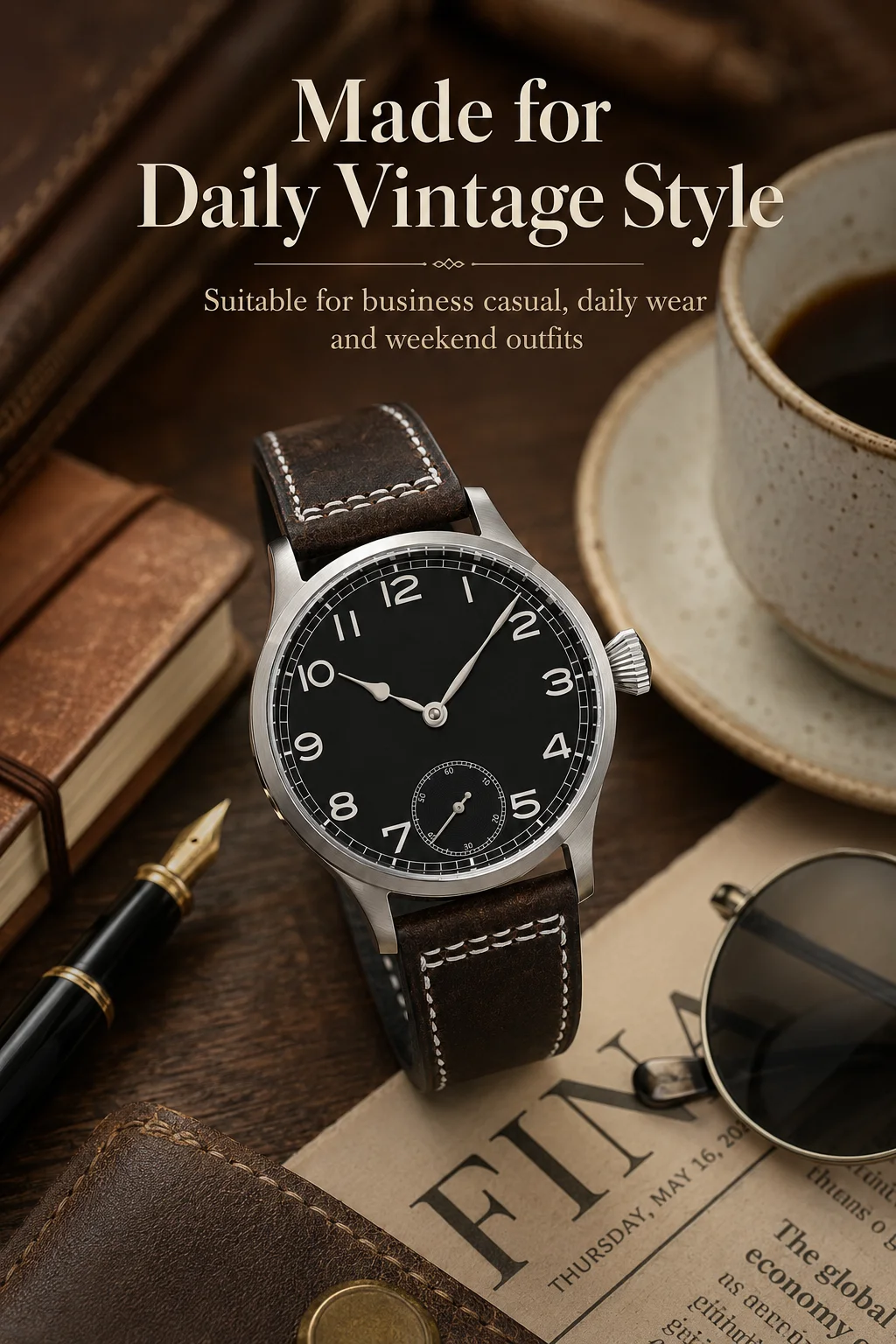 CORGEUT ST3621 Mechanische Handaufzugsuhr für Herren 42mm Saphirglas Vintage Pilotenuhr 316L Stahl Lederarmband Kleine Sekunde – Detail 8