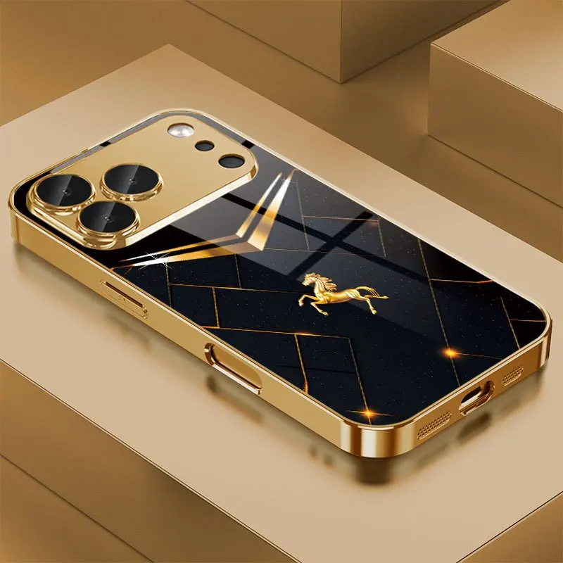 Black-Gold-Rearing-Horse Luxury Business Aesthetic Phone Case for iPhone 18 17 16 15 14 13 12 11 Pro Max XS XR 7 8 Plus 16E