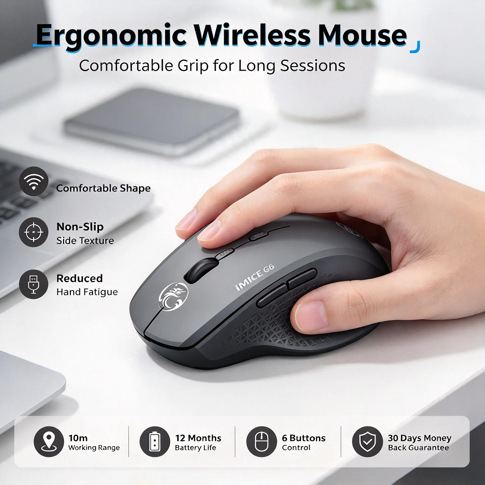 2.4G Wireless Office Stylish Optical Vertical Mouse 1600DPI Adjustable Ergonomic Design Slient Click Mouse For PC Computer