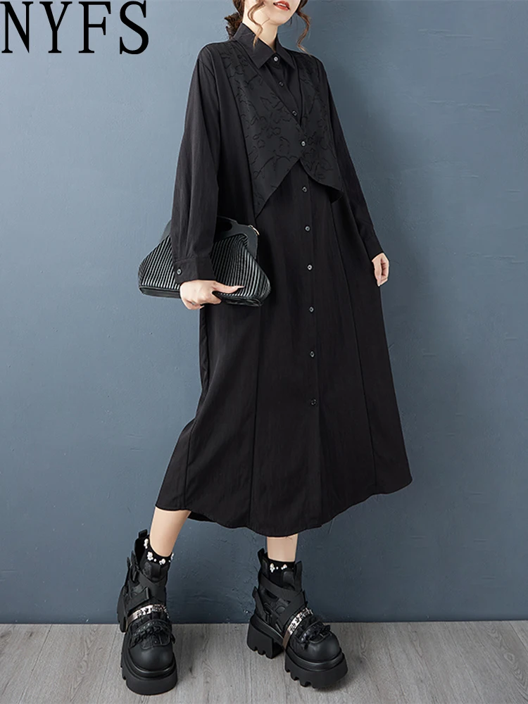 NYFS 2025 خريف جديد فضفاض حجم كبير خمر قميص بولو فستان رداء طويل الأكمام الصلبة فساتين حريمي #1