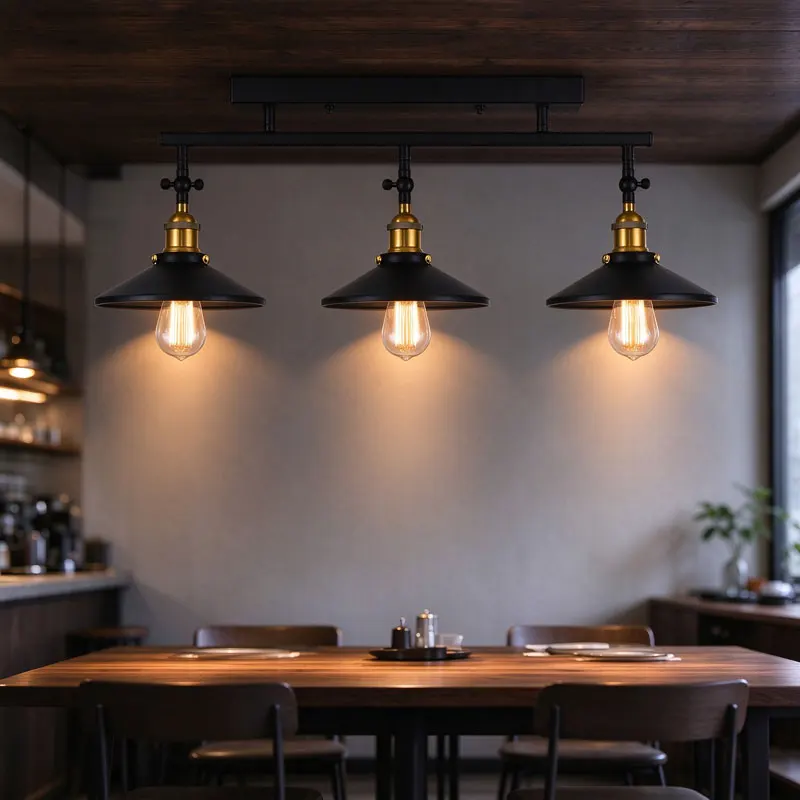 Industrial 3-Light Track Lighting Fixture Black Metal Shade Track Lamp Vintage Adjustable Ceiling Spotlight for Kitchen Cafe Bar
