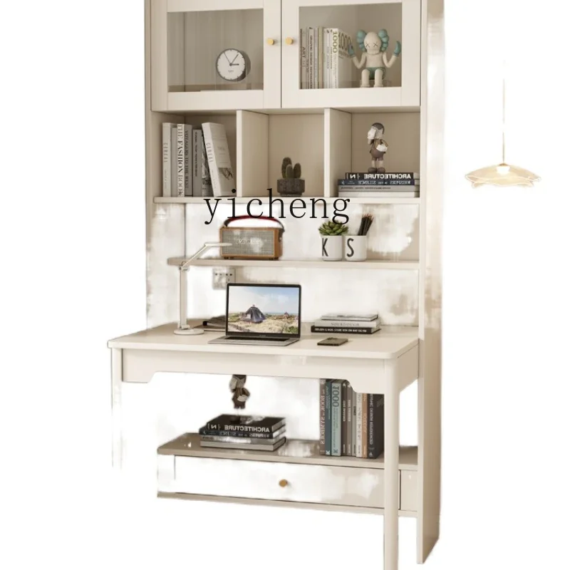 

Solid Wood Folding Desk Bookshelf Integrated One-Piece Bookcase White Study Computer Desk Combination