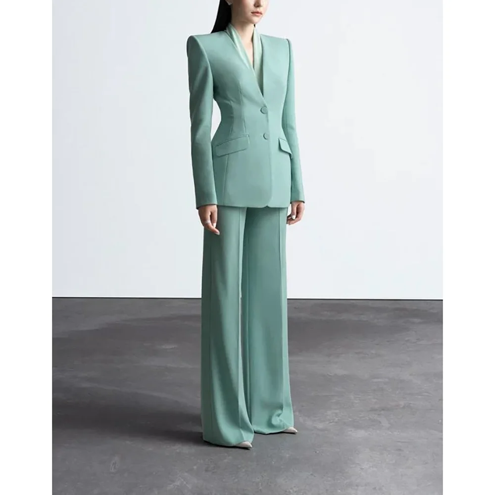طقم نسائي أخضر بصدر واحد ورقبة على شكل V طقم نسائي جديد مكون من قطعتين (سترة + بنطلون) بدلة رسمية للحفلات المسائية طقم نسائي للمكتب اليومي #2