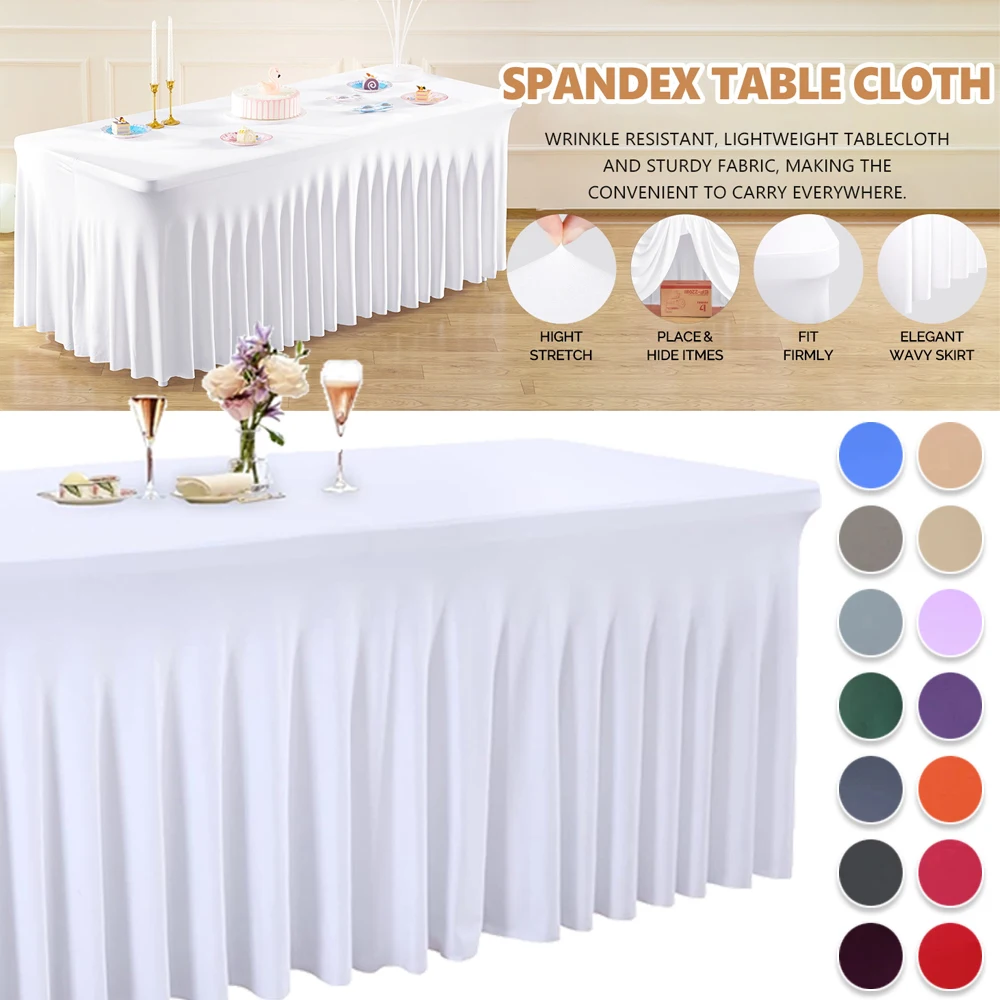 

4ft 6ft 8ft Table Skirts Rectangle Wrinkle Resistant Table Clothes, Ruffles Elastic Table Cover for Banquet Wedding & Party 식탁보