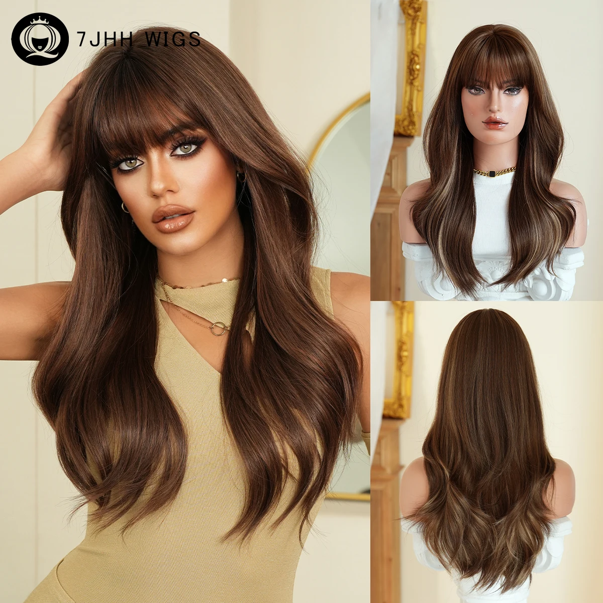 

7JHH WIGS Long Straight Layered Brown Wig for Women Synthetic Modest Fashion Wear and Go Highlight Beige Wigs with Neat Bangs