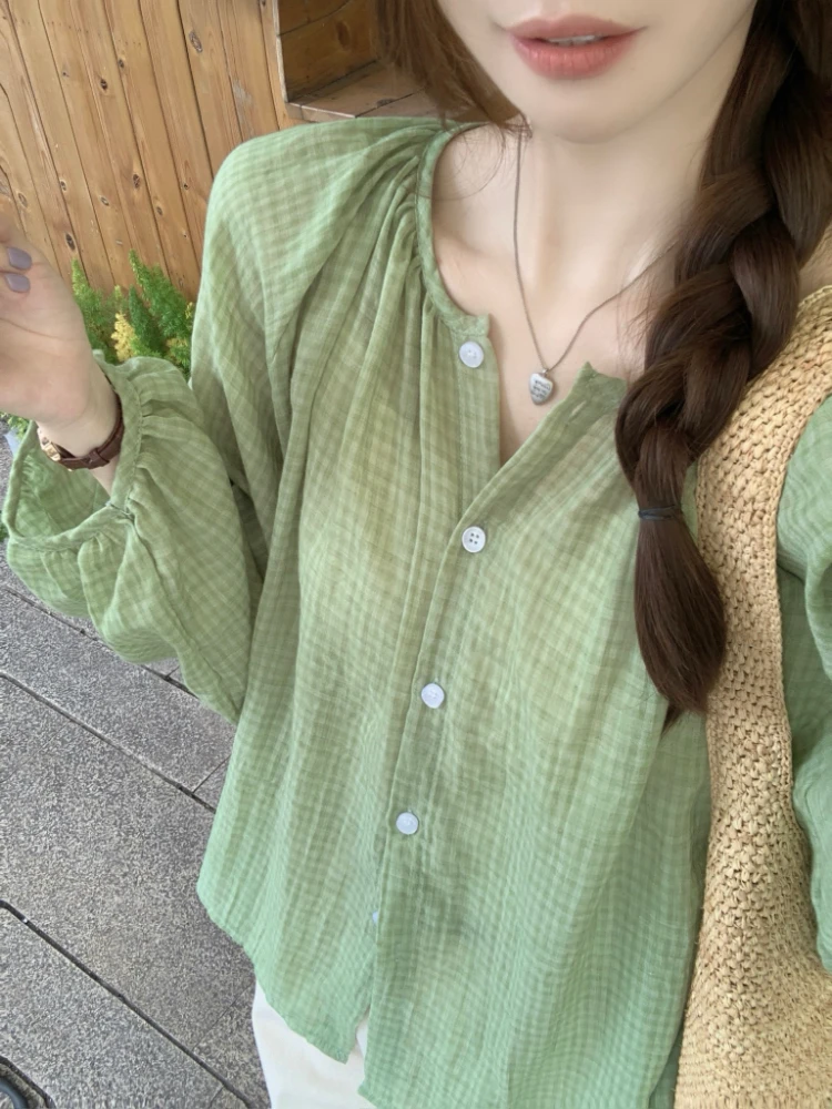 Loose Fit Long Sleeve round Neck Shirt Women's Summer Polyester Fiber Green Plaid Lazy Style Fashionable Versatile Sunshade C...