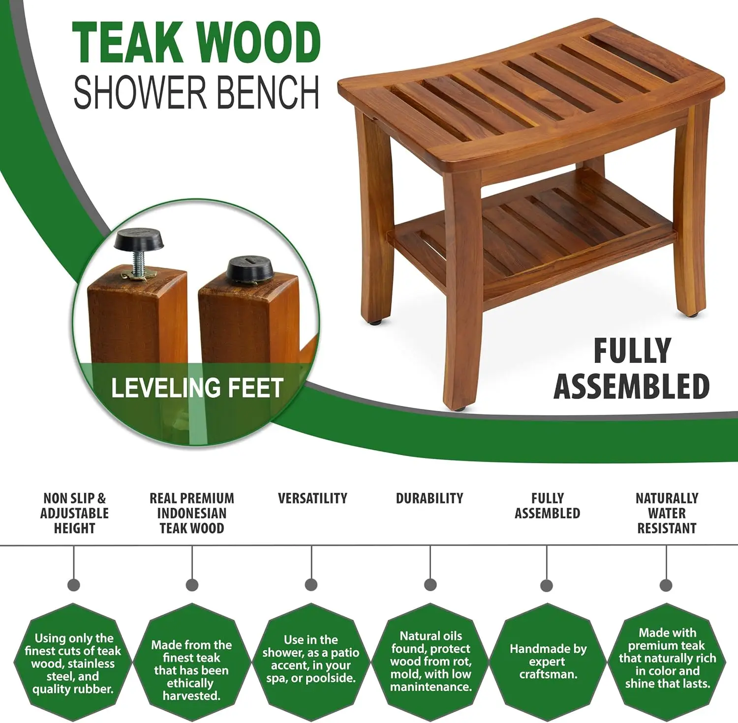 Teak Shower Bench with Shelf 21 Inch, Fully Assembled Teak Wood Shower Stool & Spa, Shower Bench for Elderly, Indoor