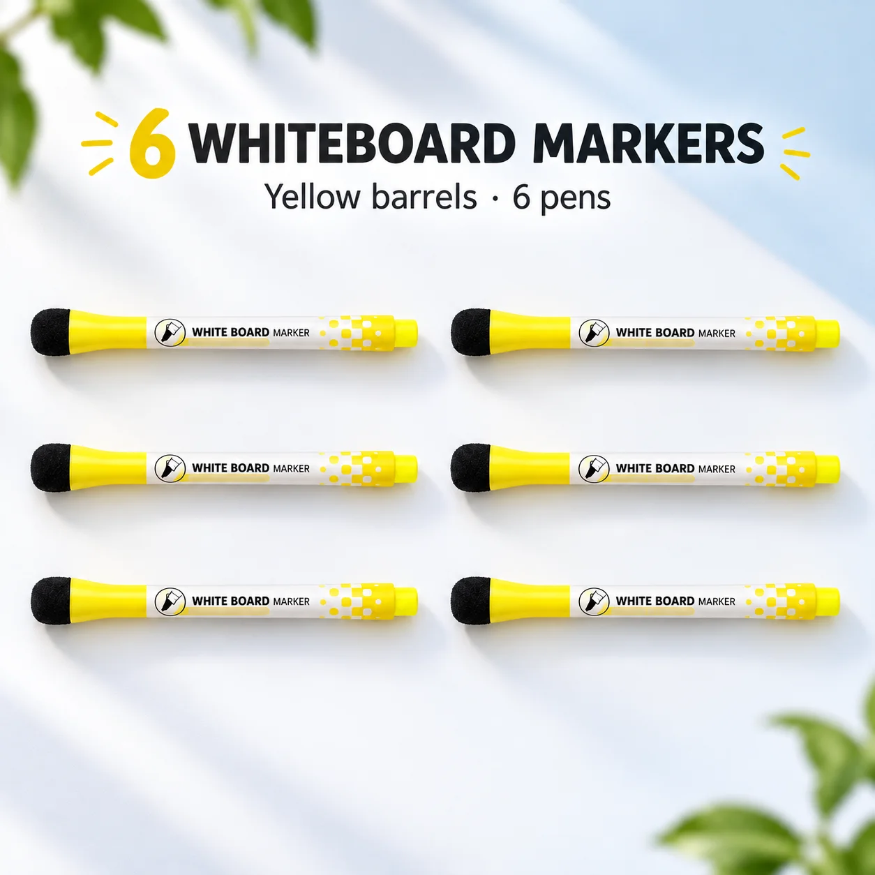 6 Yellow Housing Dry Erase Whiteboard Markers with Sponge Cap Ends