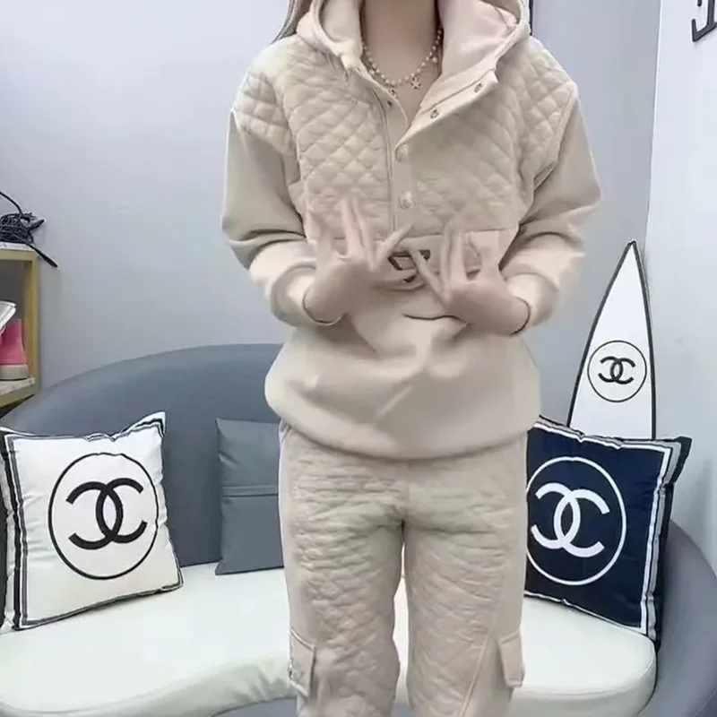 2025 Spring Autumn Two-piece Sets Thick Warm Contrasting Color Hooded Down Cotton Coat + Pants Suits Women's All-match Warm Suit