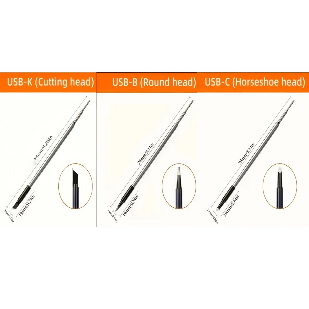 3PCS Replaceable Soldering Iron Tips Kit Round Horseshoe Cutting Head for Portable USB Soldering Iron PCB Electronic Welding