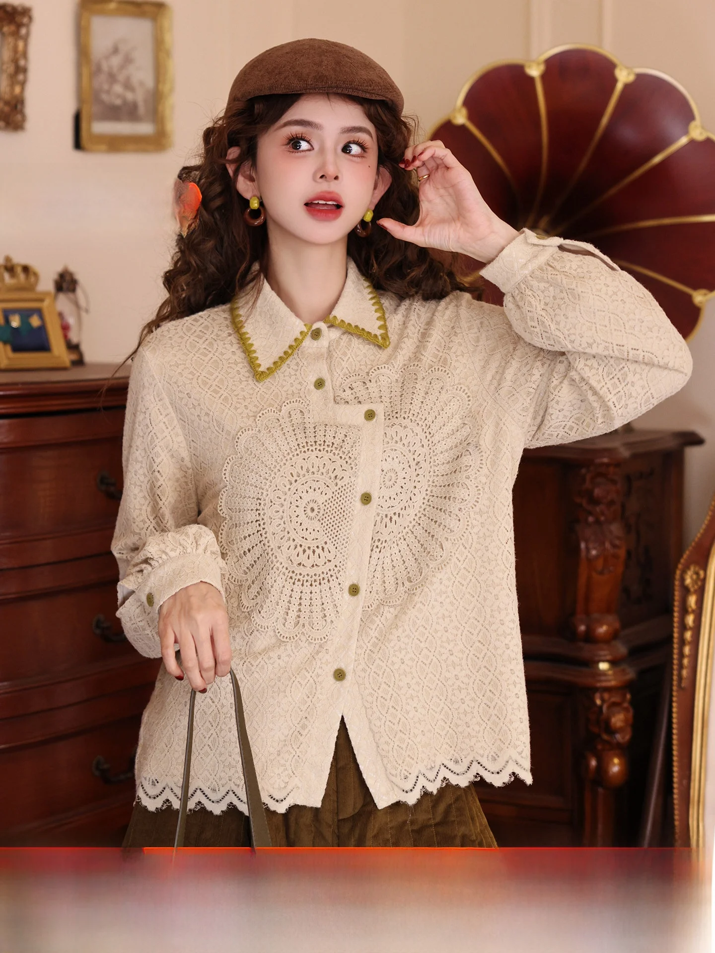 

Женская свободная повседневная кофта Chen Jiajie Almond Moss Velvet с длинными рукавами, модная, универсальная, осенне-зимняя, из смесового хлопка