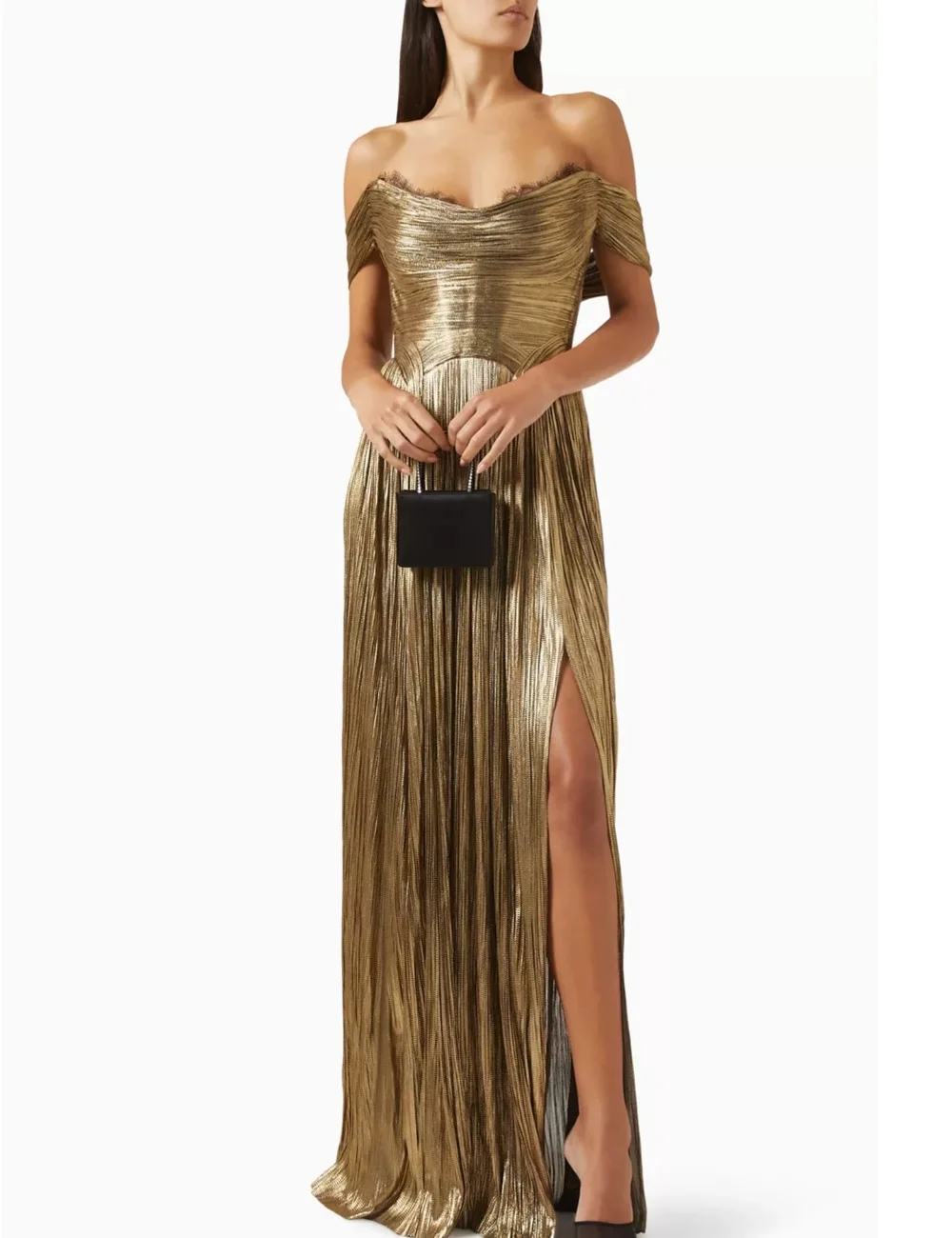

Customized Gold Modern Style Fashion Pleat Ruched A-line Off-the-shoulder Long Dresses Evening Dresses for Woman Sizes Available