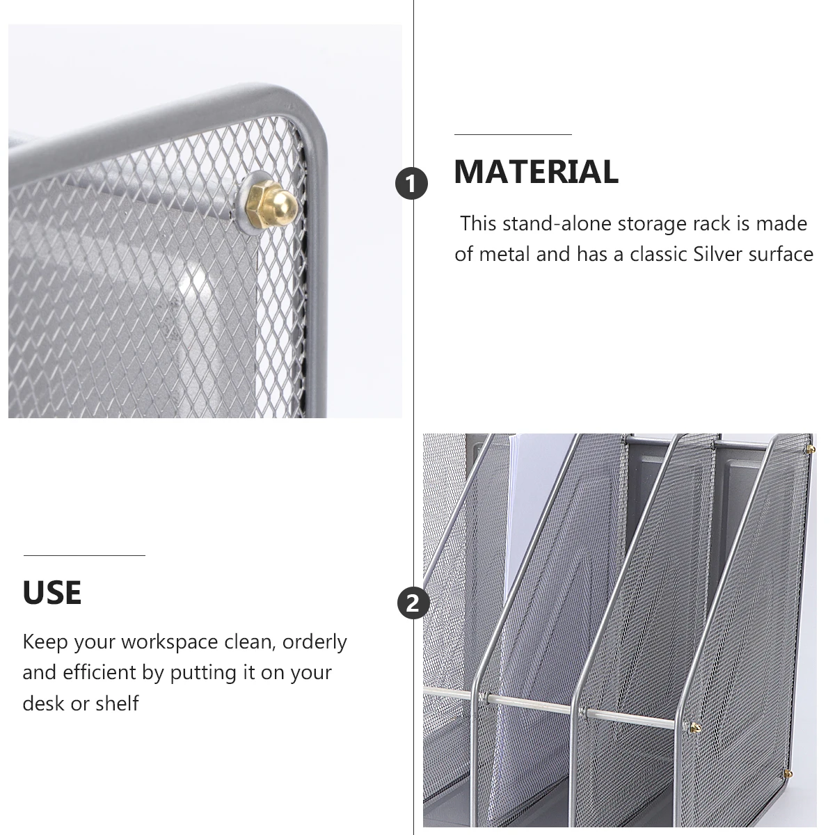 

4 Compartment Silver Mesh Metal Desktop Organizer Rack Freestanding for Magazines Notebooks Folders Documents Easy to Assemble