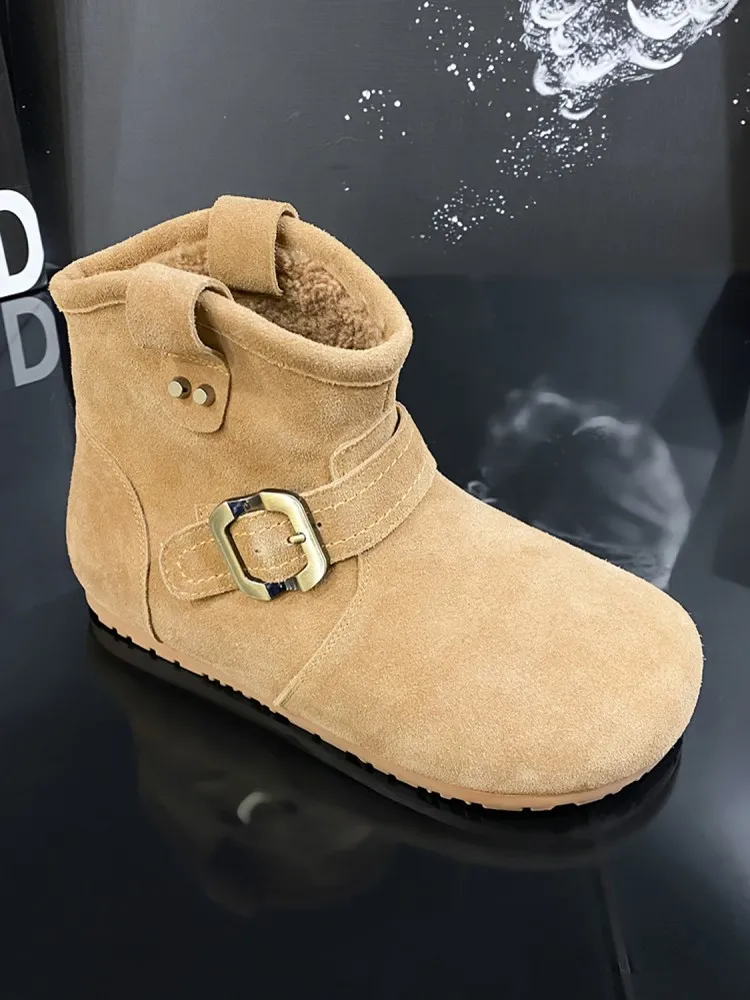 Winter Women Warm Fleece Lining Snow Boots Buckle Round Toe Slip On Comfortable Ankle Boots New High Top Cow Suede Leather Shoes