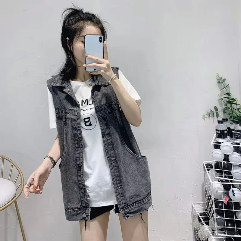 2024 Spring/Summer Denim Vests Female Korean Loose Medium Length Sleeveless Vest Jacket Top Outerwear Students Jean Waistcoat