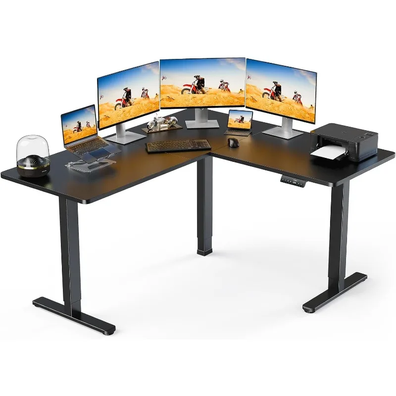 

Dual motoshaped standing desk with electric height adjustment, suitable for sitting or standing to work or play games at home