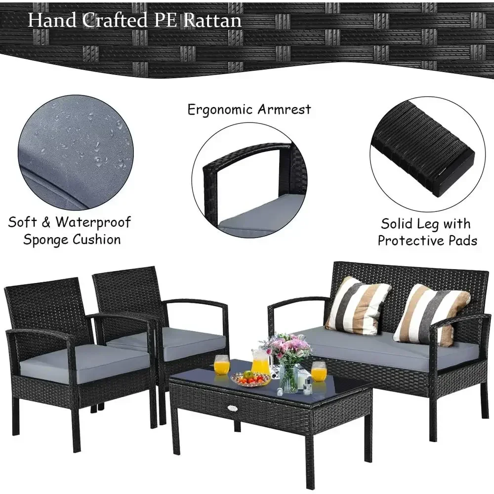 8-Piece Outdoor Patio Furniture Set with Wicker Chairs, Gray Cushions, and Tempered Glass Table for Backyard, Balcony, or Porch