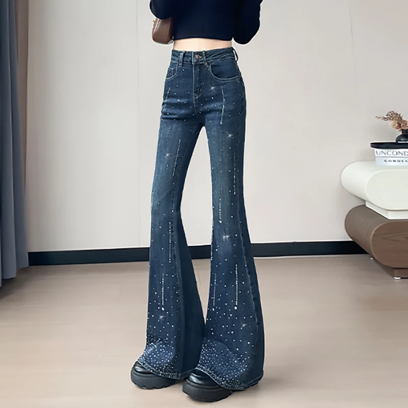 Jean Vintage de style américain pour femmes, pantalon en Denim orné de strass, taille haute, évasé, tendance, nouvelle collection 2025