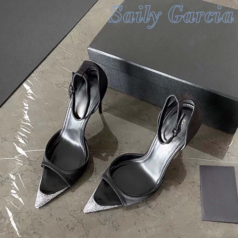 

Black Rhinestone Bordered Pointed Toe Sandals Buckle Hollow Stilettoc Designer Solid Ankle Strap New Summer 2024 Ladies Shoes