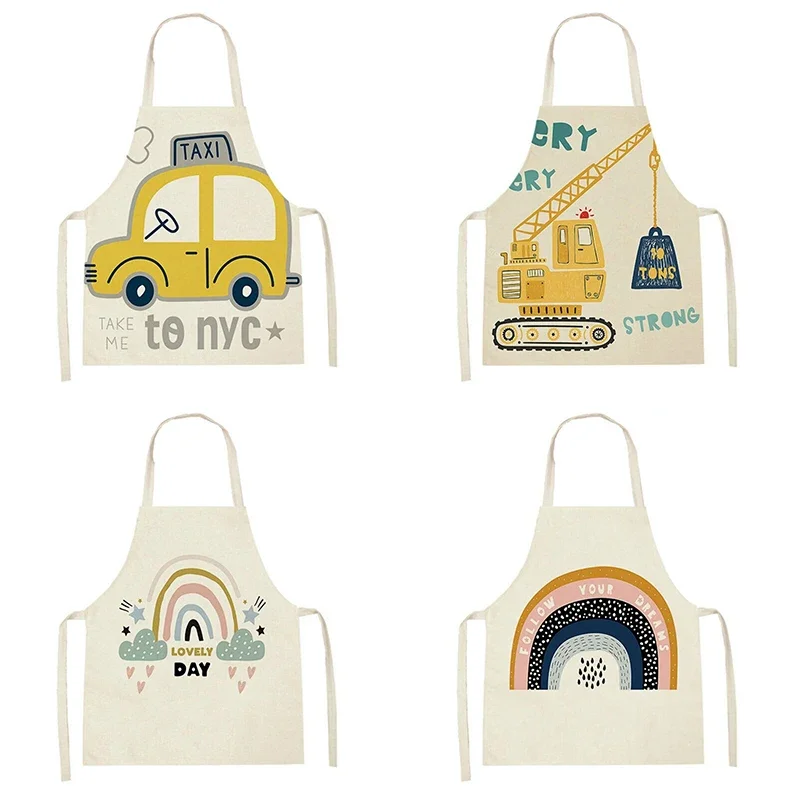 Kitchen Cooking apron Cartoon Rainbow Car Crane Fire truck print  Women's Sleeveless children's  Cleaning