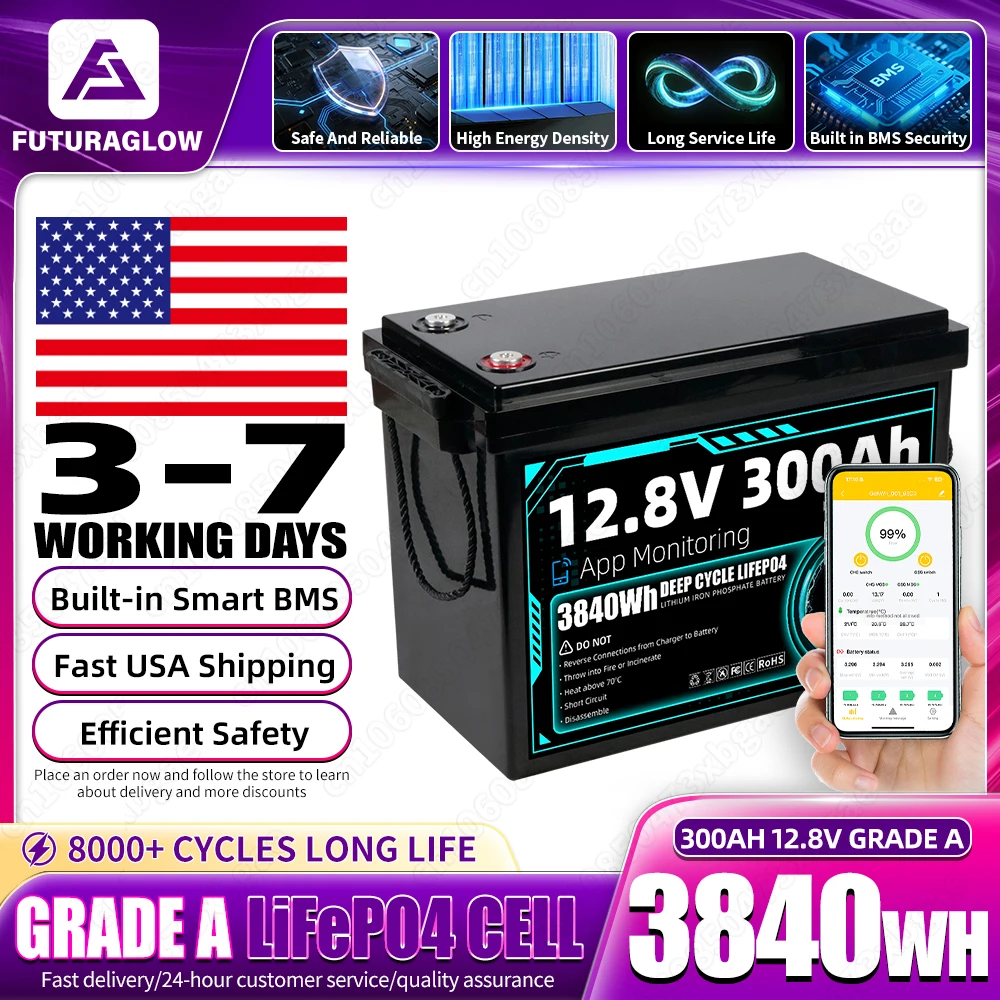 Grade A 12V 300Ah Lifepo4 Battery Pack Support APP Control 12.8V Rechargeable Cells DIY 24V 48V For Home Energy Storage System Campsite Power Supply equipment US Stock Fast Delivery