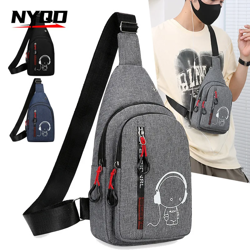 Bolso de pecho de gran capacidad para deportes al aire libre, bolso de hombro de moda informal con orificio para auriculares, bolso cruzado para hombres