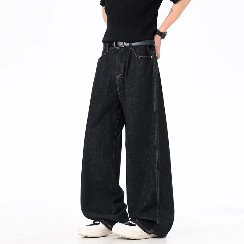 

Loose Straight Leg Jeans Vintage Waed Floor-Length Casual Workwear Stand Cut Teenage Boys mid Waist Rinsed Denim Trousers