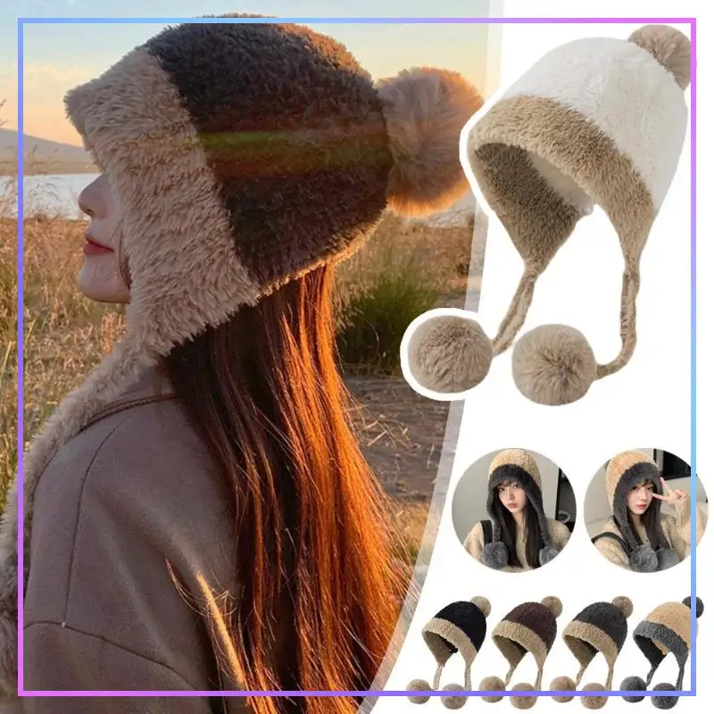 Autumn Winter Warm Knitted Hats Women Cute Cartoon Antlers Two Balls Earflap Cap Plush Fluffy Thicken Beanie Hat