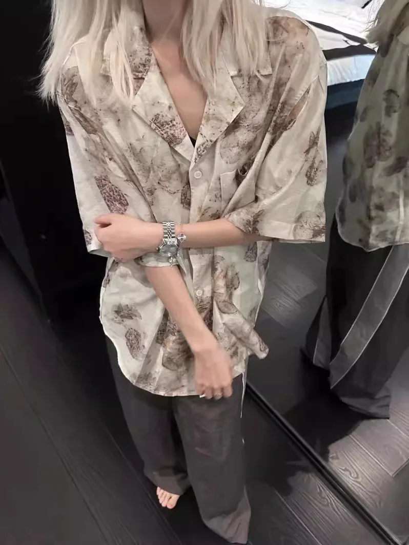 花柄プリントボタンダウンシャツ レディース襟付きルーズフィットシャツ ポリエステルカジュアルシャツ 花柄タイネクタイ レディース...