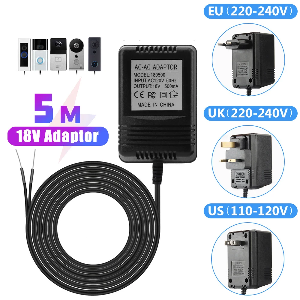 US UK EU Plug 18V AC to DC Transformer Charger Cable For Wifi Outdoor Wireless Doorbell Camera Power Adapter Video Intercom Ring