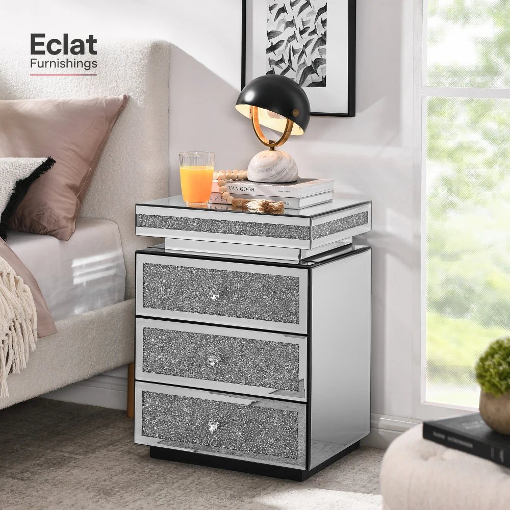 

Mirrored Nightstand with 3 Drawers, Silver Nightstand with Crystal Inlay, Mirror End Table, Modern Bedside Table,