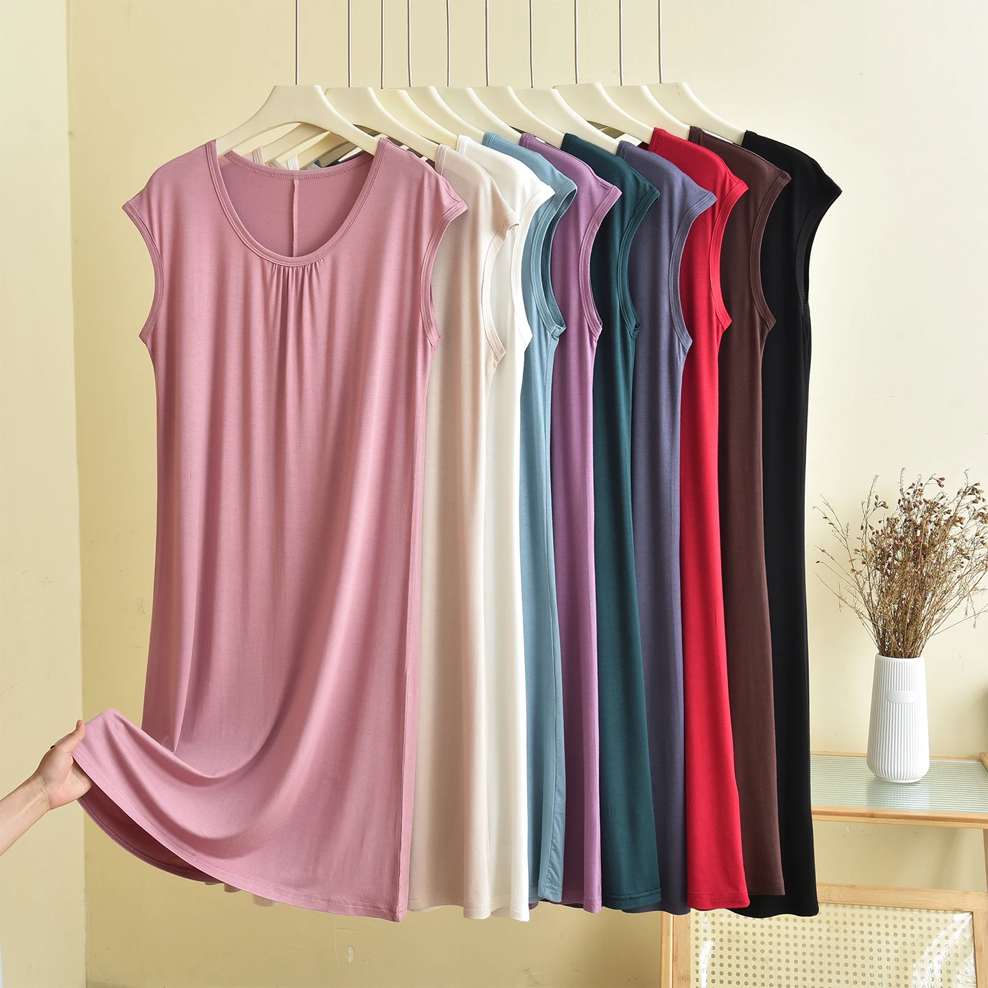 Modal Sleeveless round Neck Vest Dress Women Summer Thin Outerwear Home Sleepwear Large Size A-Line Skirt Midi Dress