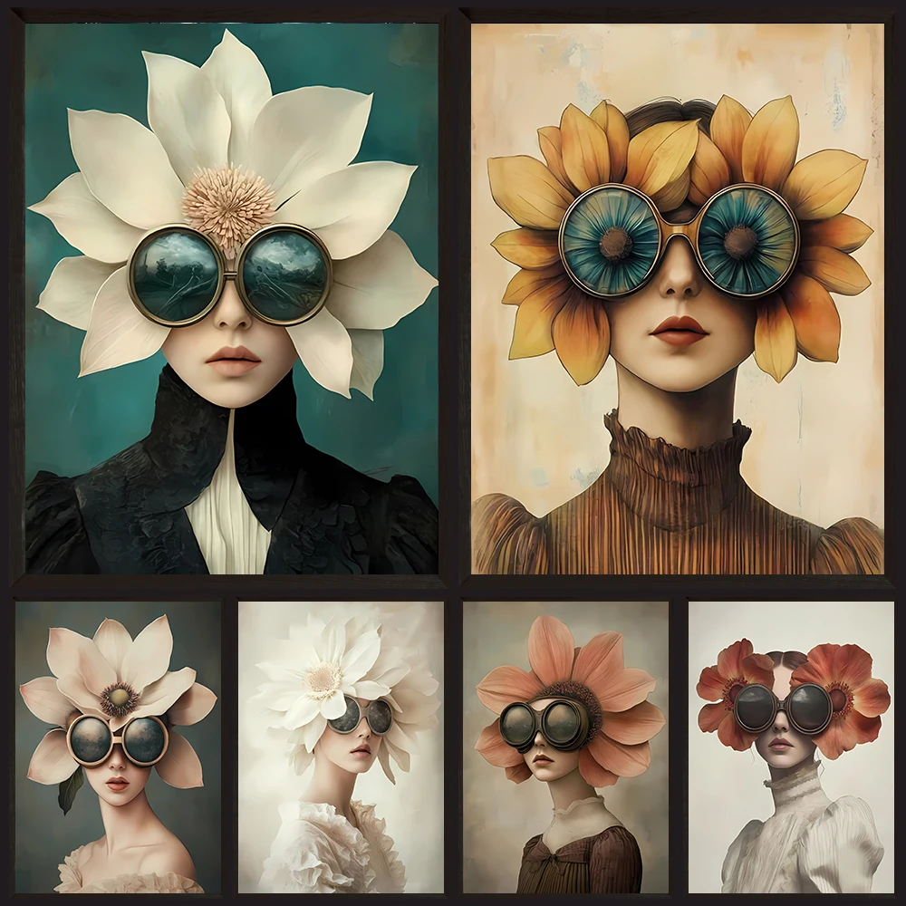 Flower Head And Goggle Aesthetic Wall Art Canvas Painting Home Decor,Surreal Floral Woman Portrait Art Poster Print