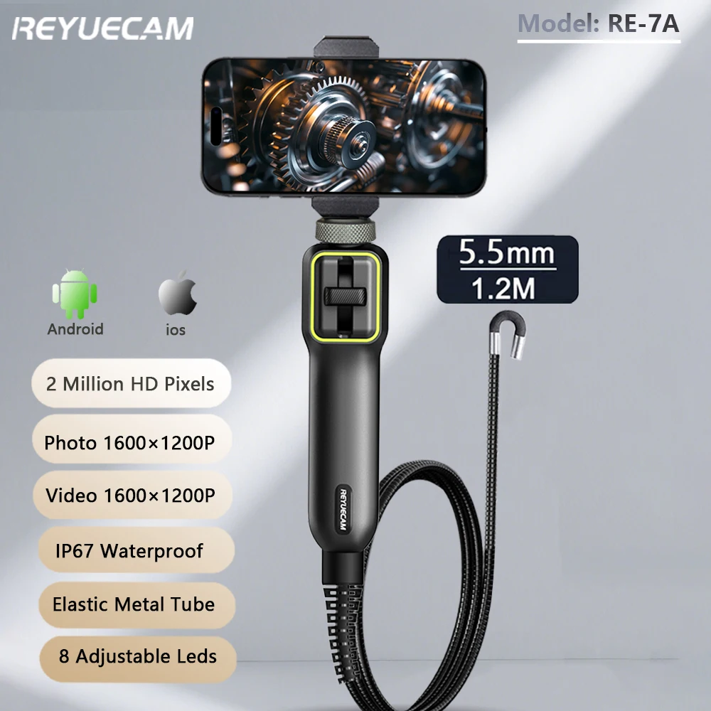 REYUECAM 2.0MP 5.5mm Lens Two-way 210°Articulating Endoscope Camera for Android Ios Tablet Endoscope with 8 Leds