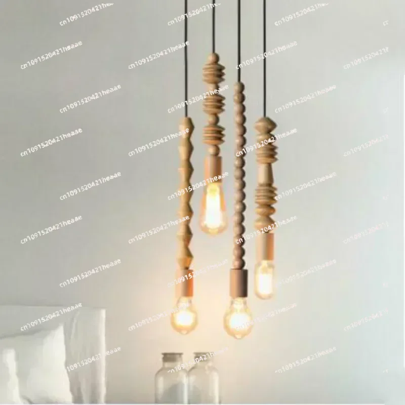Suitable for Retro style pendant lights Oak wooden geometric beads pendant lamp dinning room  hanging Light Fixture    WJ429