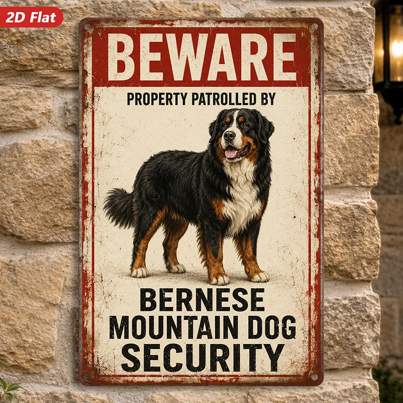 1pc Bernese Dog Warning Metal Sign Wall Art, Perfect for Kitchen Bedroom, Beware Patrol Message, Bernese Mountain Dog