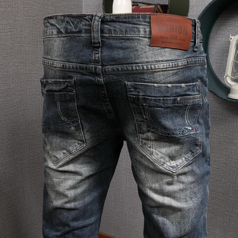 Fashion Designer Men Jeans Retro Black Blue Elastic Stretch Slim Fit Ripped Jeans Men Italian Style Vintage Denim Pants Hombre